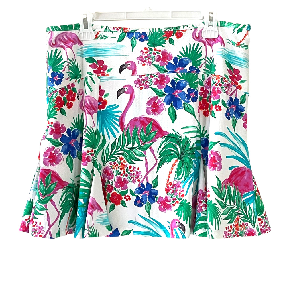 G LIFESTYLE Size Large Pink Flamingo Pull-On Activewear Skort UPF 50+ Zip Pocket